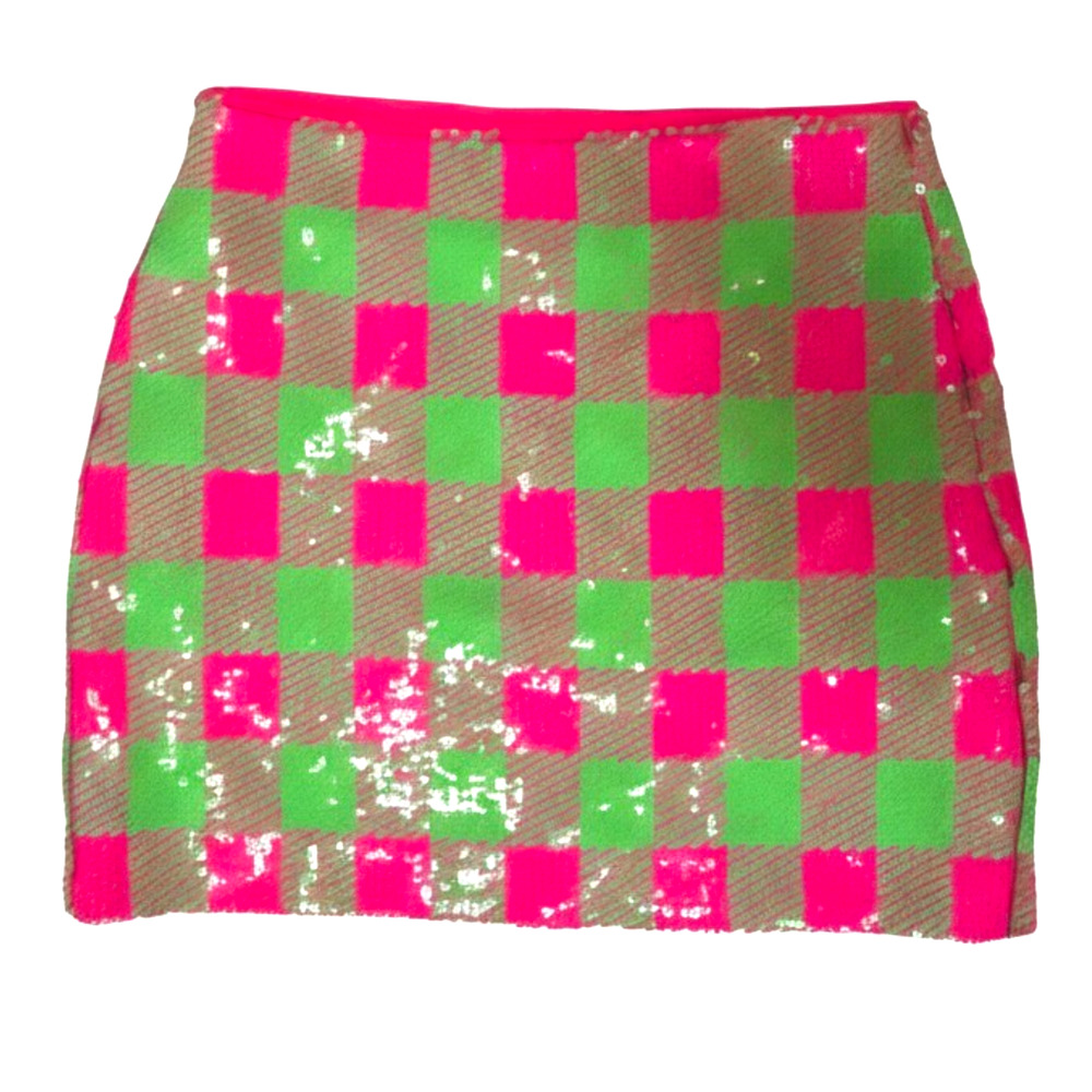 Trina Turk Rico Sequin Mini Skirt Pink Green Plaid Check Size 4